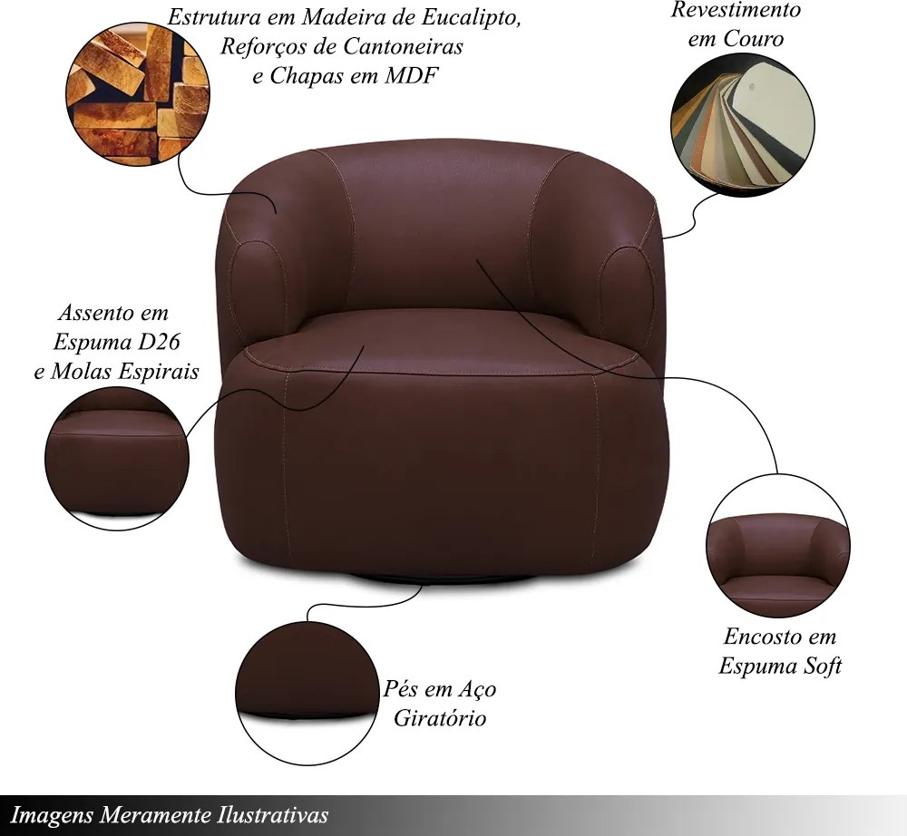 Poltrona Decorativa Verona Sala de Estar Base Giratória em Aço Couro Marrom Chocolate G88 - Gran Belo