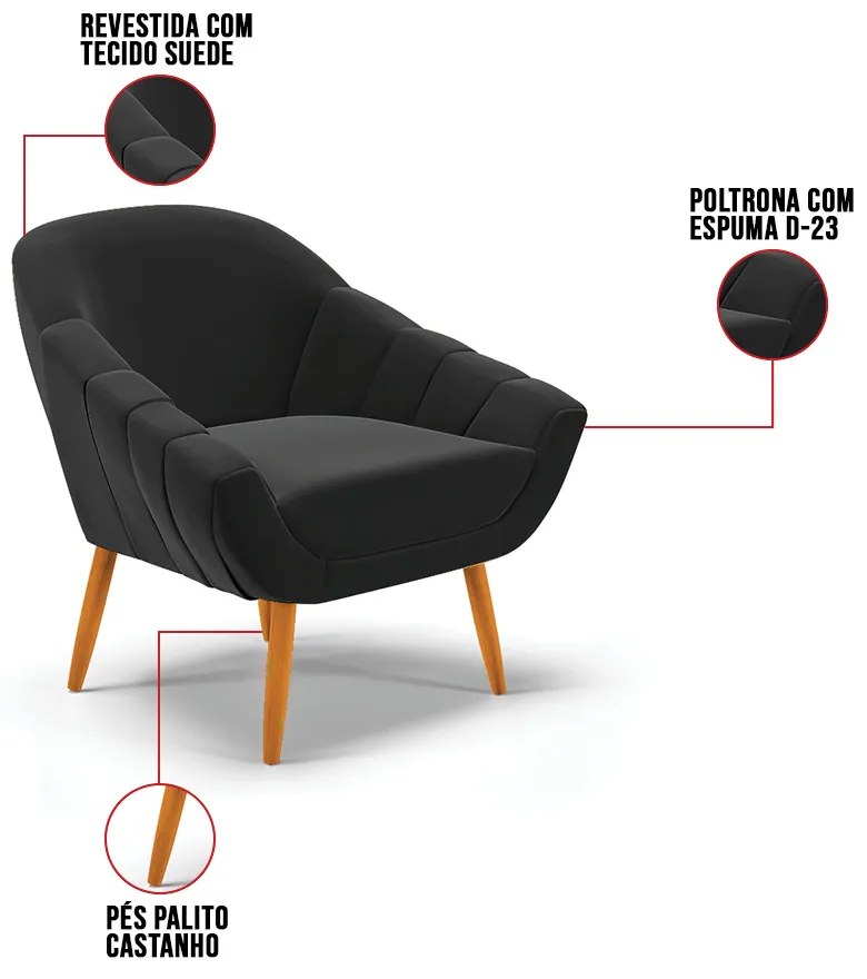 Poltrona Giovana Suede Pés Palito Castanho D03 - D'Rossi - Preto