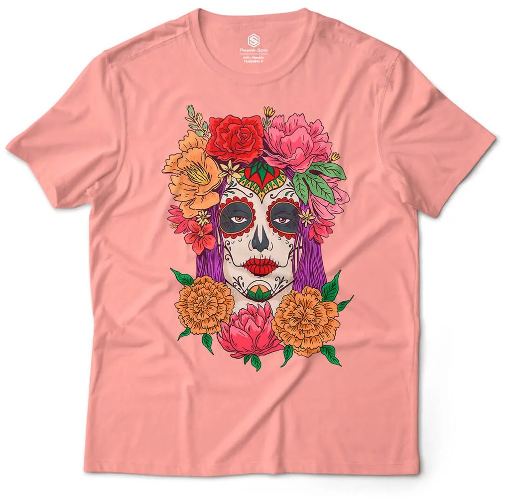Camiseta Unissex Caveira Mexicana Mulher Dia de Los Muertos 2 - Roxo - GG