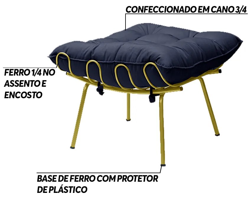 Puff Decorativo Sala de Estar Abel Pés Dourado Veludo Azul G41 - Gran Belo