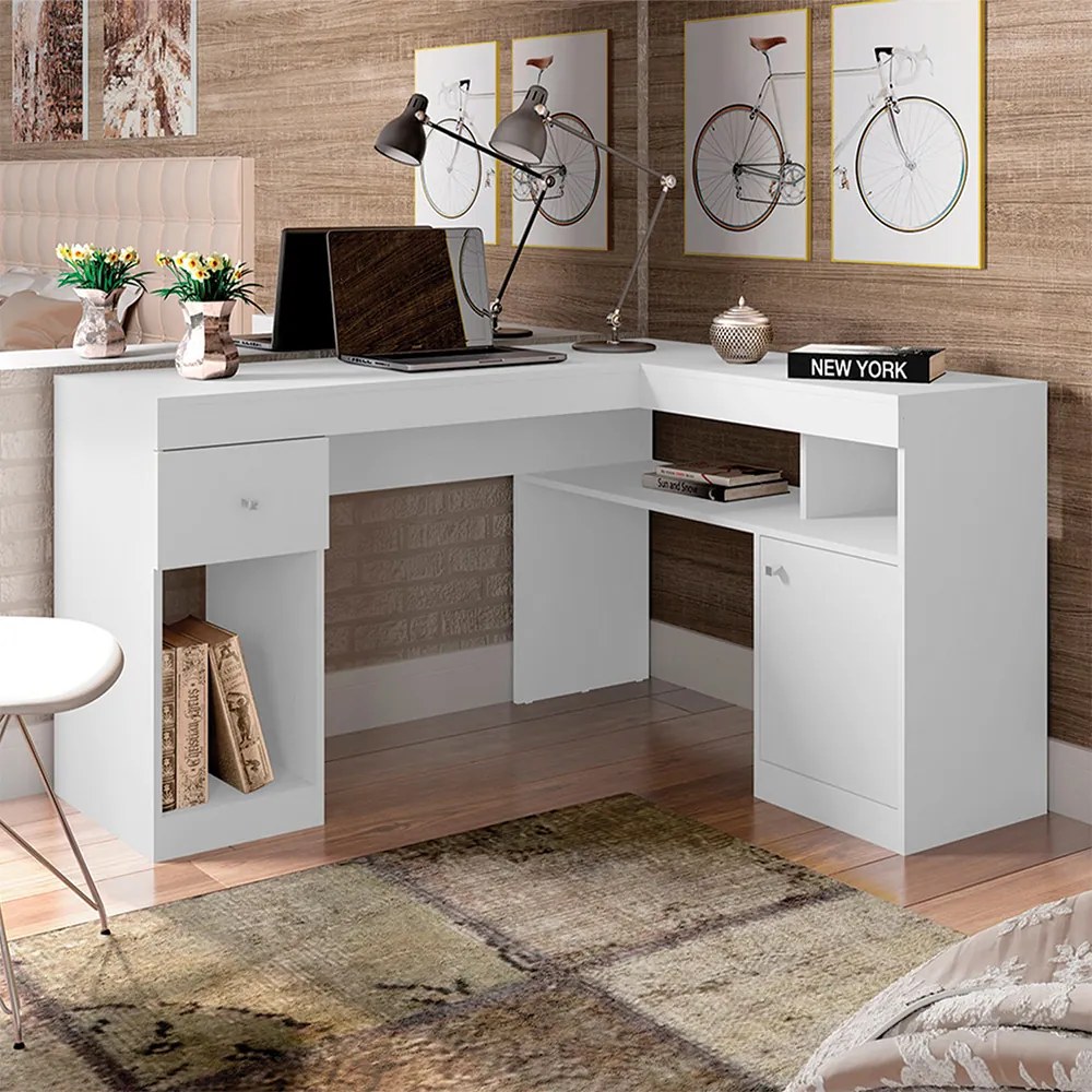 Mesa para Escritório Noma Home Tampo em L Porta e Gaveta MDP Branco G11 - Gran Belo