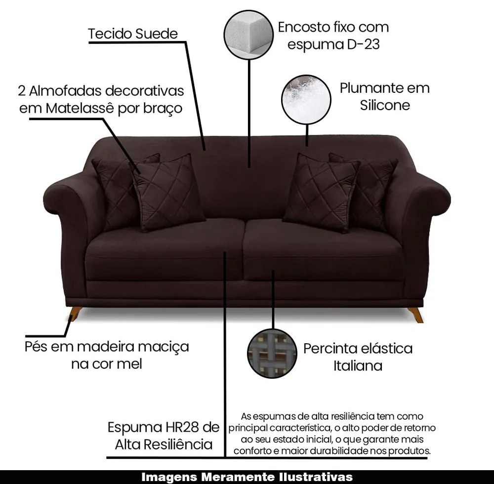 Sofá Decorativo 180cm 2 Lugares com 4 Almofadas Armstrong Suede Café G63 - Gran Belo