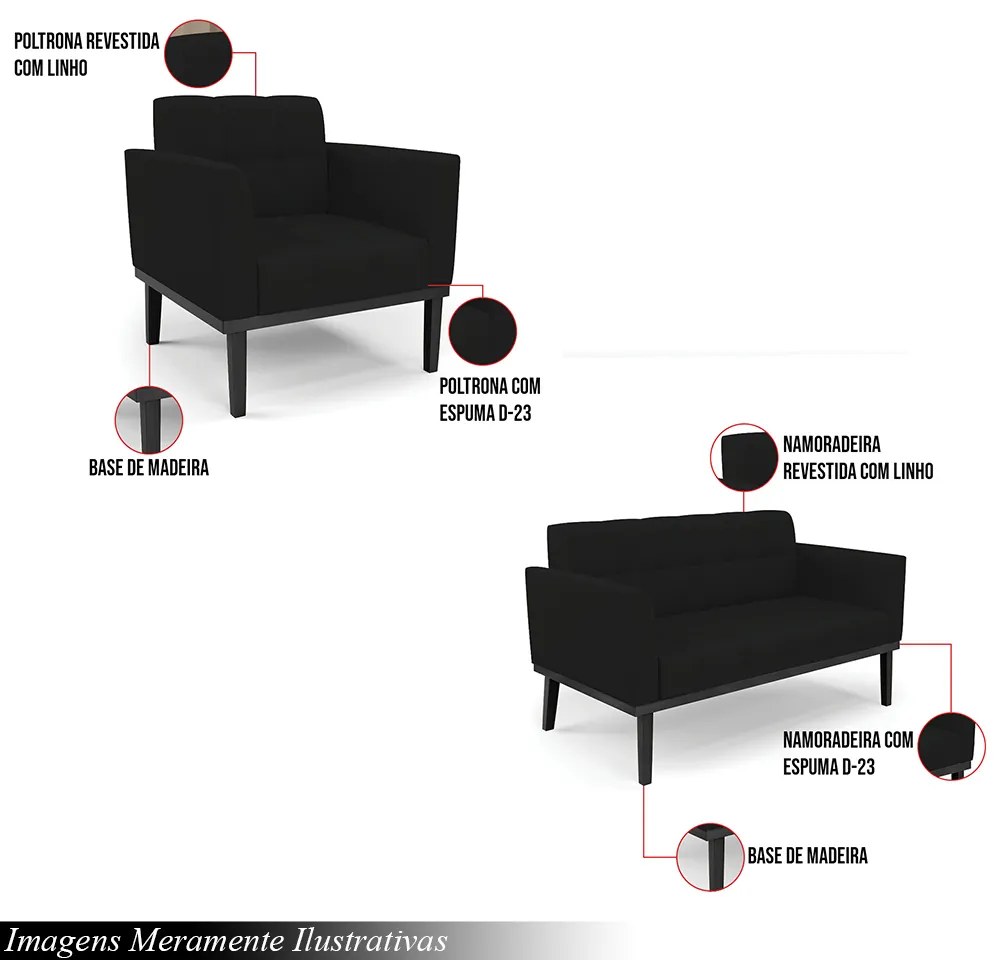 Conjunto Poltrona e Namoradeira Decorativa Karen Pés Fixo em Madeira Preto Linho Preto G19 - Gran Belo