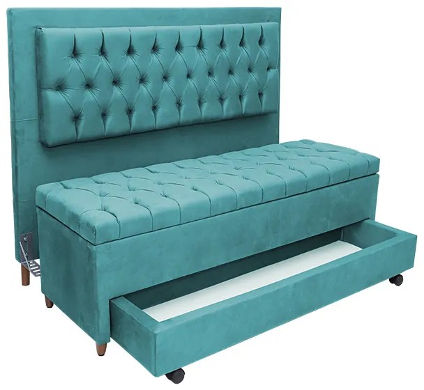 Cabeceira com Calçadeira Baú Casal King 195cm Paris Capitonê Suede Turquesa - Sheep Estofados - Água