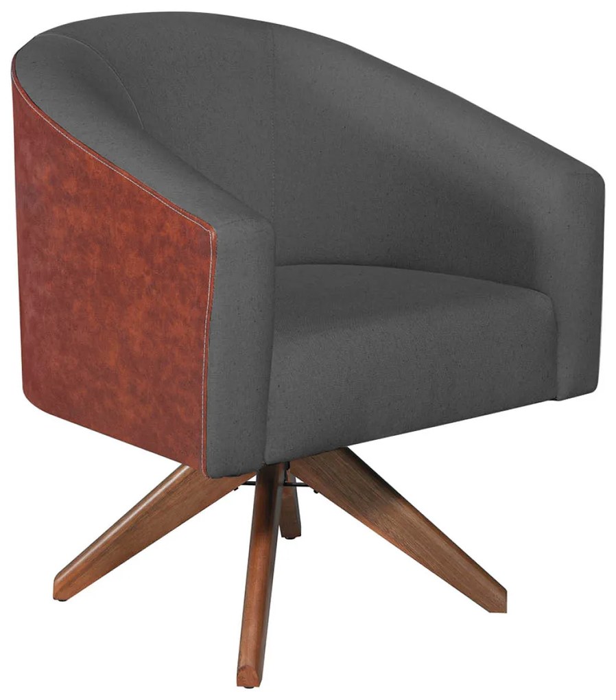 Kit 02 Poltronas Luiza Base Giratória de Madeira Corano Nozes e Linho Cinza Escuro - ADJ Decor