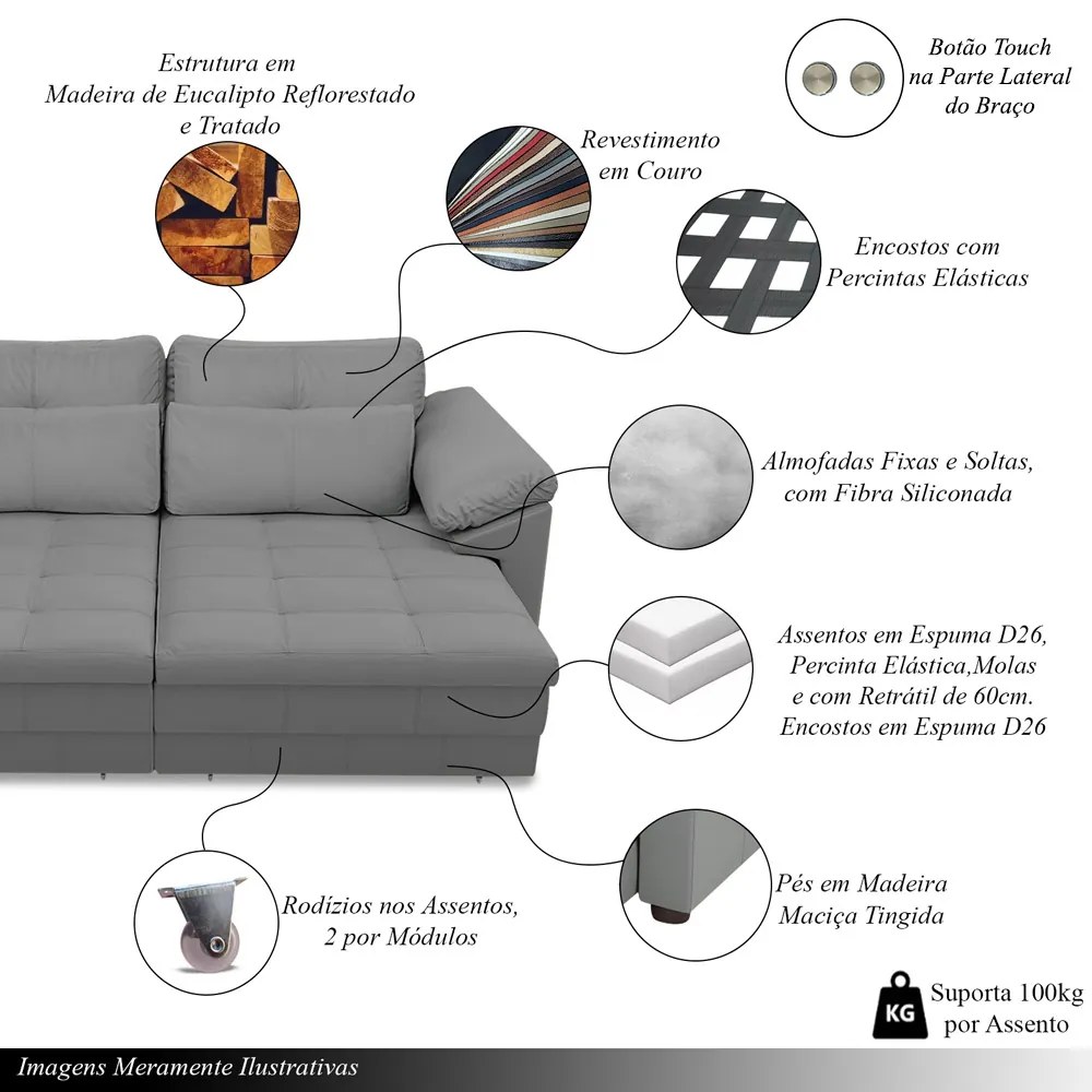 Sofá Retrátil Elétrico Sala de Estar Nolan Bipartido 175cm Conforto Premium em Couro Cinza G58 - Gran Belo