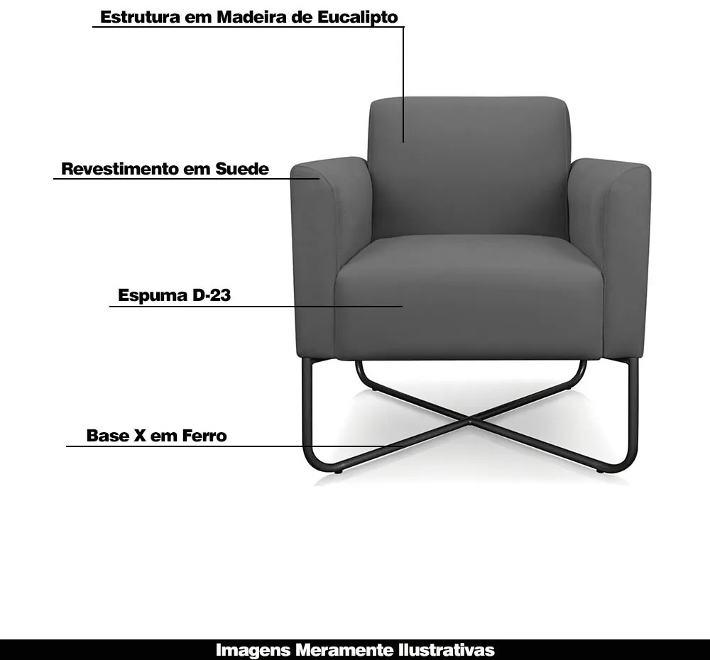 Kit 2 Poltronas Decorativas Isabella Base X Suede Grafite/Preto G19 - Gran Belo