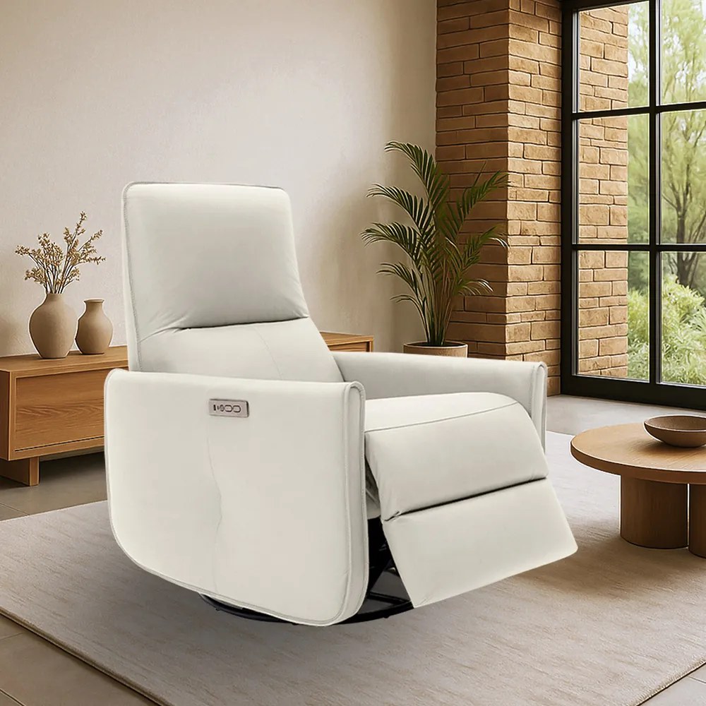 Poltrona do Papai Sala de Estar Reclinável Elétrica Palace USB e USB-C Gira Balança Couro Off White G40 - Gran Belo