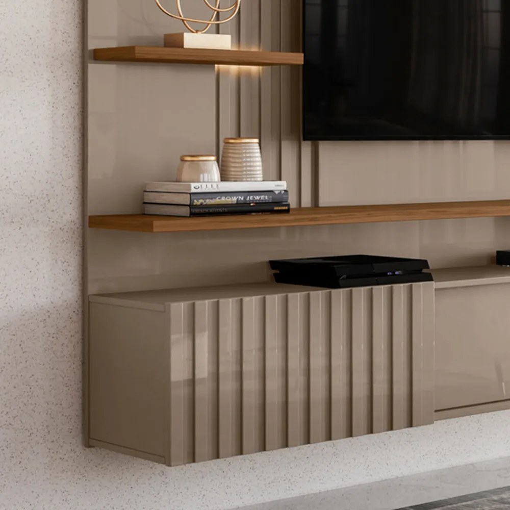 Painel TV 65 Pol 200cm Bancada Suspensa Ripado Mirellin Fendi/Naturale M20 - D'Rossi