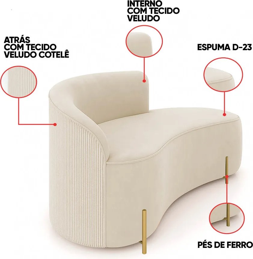 Sofá 2 Lugares Orgânico 160cm Pé Dourado Morgan Veludo/Cotelê - Bege