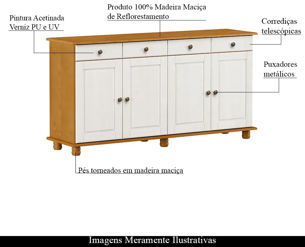 Buffet Decorativo Ivan Madeira 4 Portas e 4 Gavetas Carvalho/Branco G74 - Gran Belo
