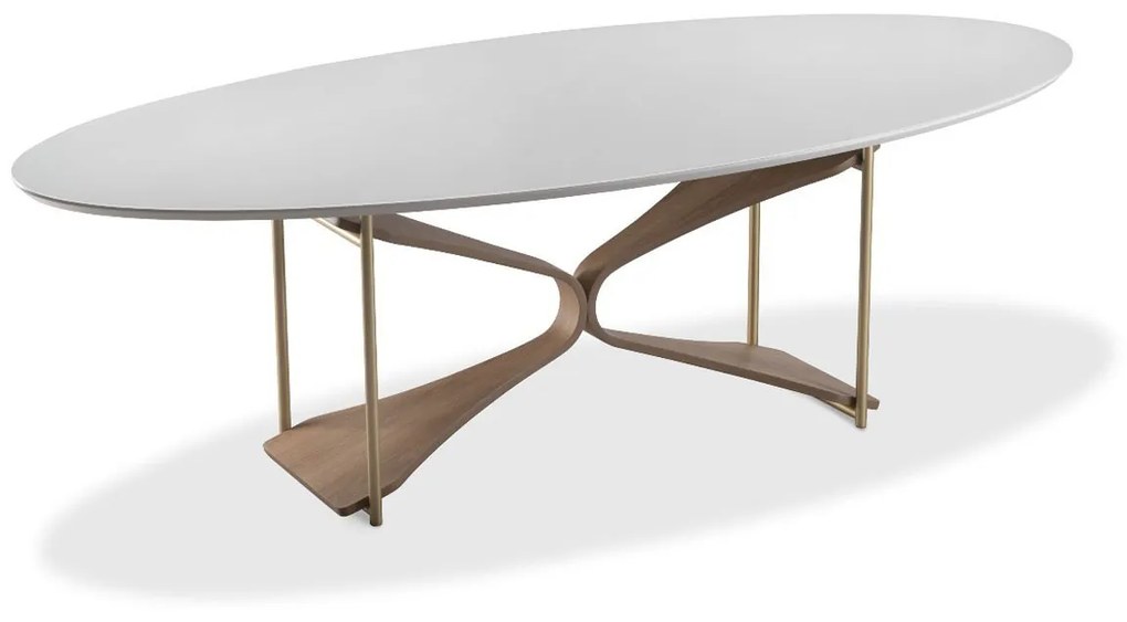 Mesa de Jantar Heivin Oval Tampo com Vidro Pintado Base com Laminado Melamínico Detalhe em Aço Carbono