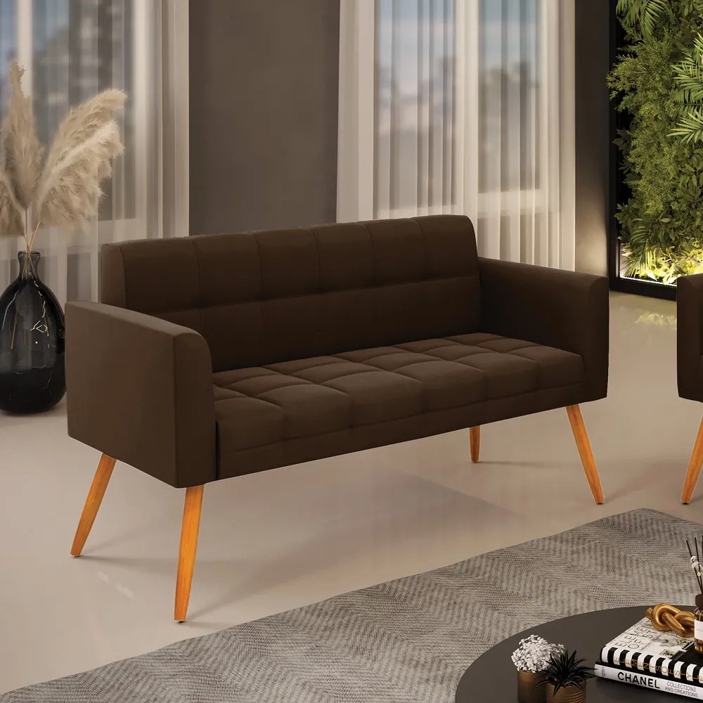 Sofá Namoradeira Elisa Suede Marrom Pés Palito Castanho - D'Rossi