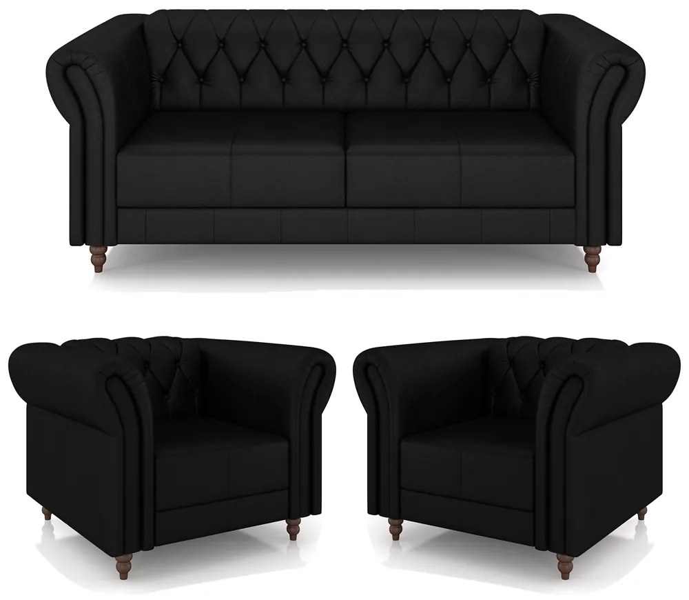 Conjunto Sala de Estar 1 Sofá Living 200cm e 2 Poltronas Stanford Chesterfield Pés Madeira Couro Preto Brilho G58 - Gran Belo