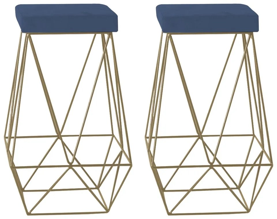 Kit 2 Banqueta Decorativa Kathy Base Gold Suede Azul Marinho G41 - Gran Belo