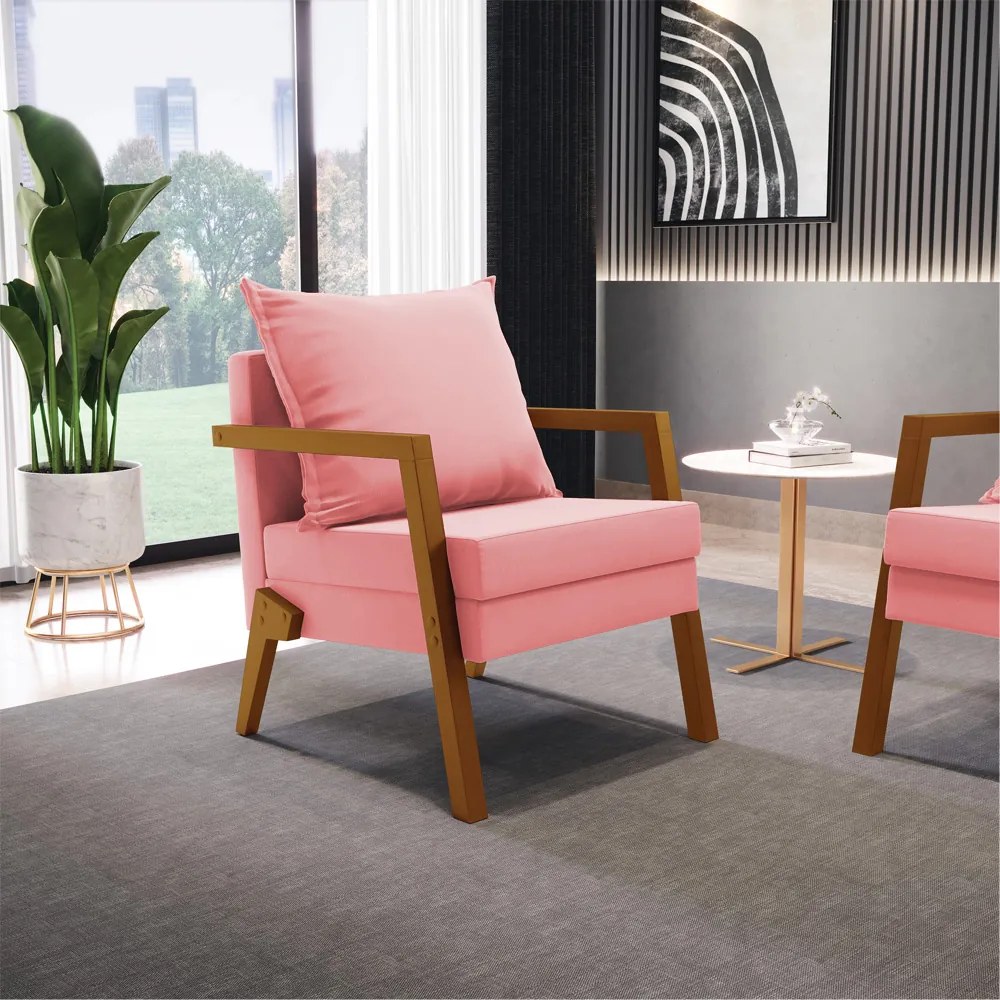 Kit 02 Poltronas Alice Suede Base de Madeira D03 - D'Rossi - Rose