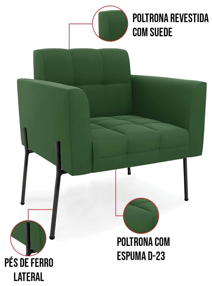 Poltrona Pé de Ferro Preto para Sala Elisa Suede D03 - D'Rossi - Verde