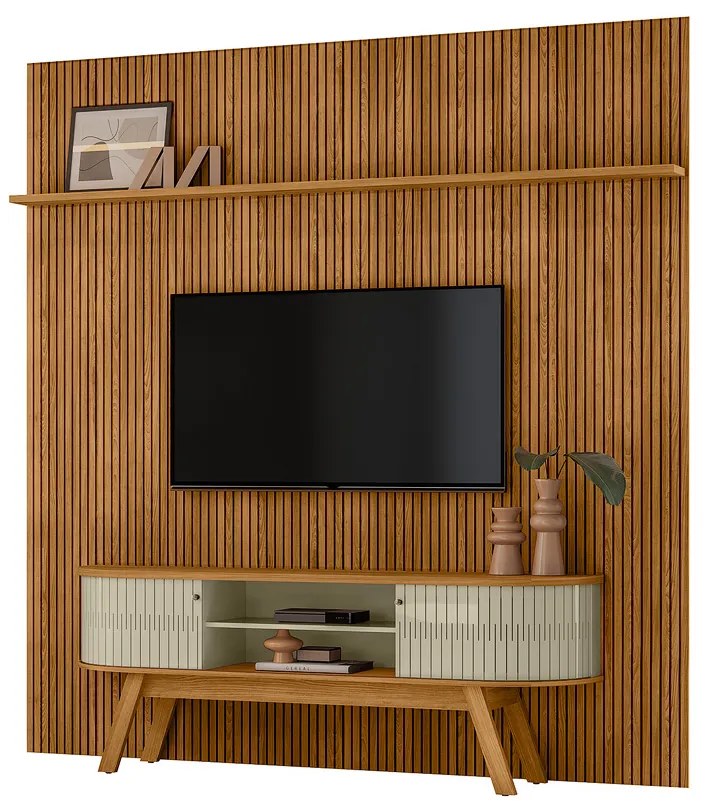 Painel TV 75 Pol 238cm Ripado Kalven com Rack Bancada Enzari Cumaru/Opala M20 - D'Rossi