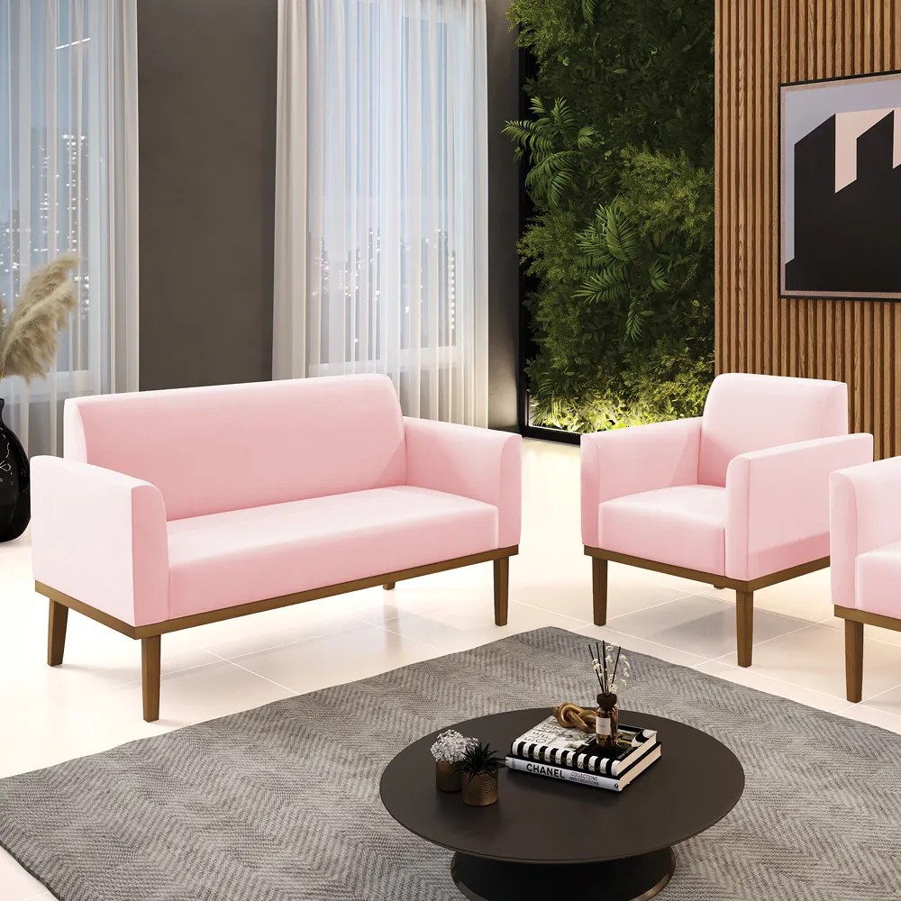 Sofá Namoradeira com Poltrona Base de Madeira Fixa Castanho Marisa Suede D03 - D'Rossi - Rosa Bebê
