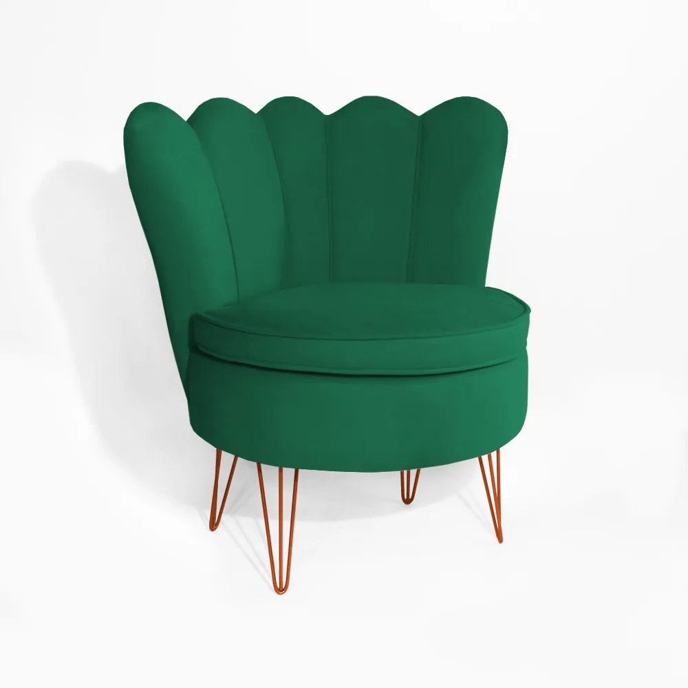 Conjunto 2 Poltrona Dália com 2 Puff Chloe Pés Hairpin Legs Bronze Veludo Verde Bandeira
