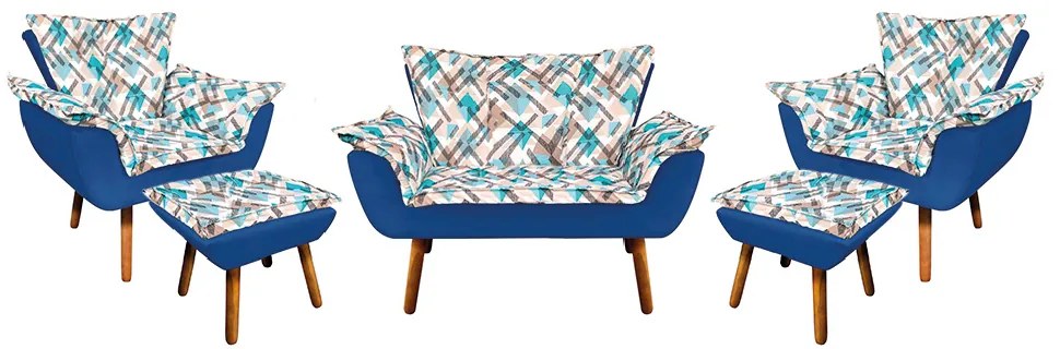 Kit 01 Namoradeira com 02 Poltronas e 02 Puffs Opala Composê Suede com Estampado Traçado Azul D33 Pés Palito Castanho - Azul Royal