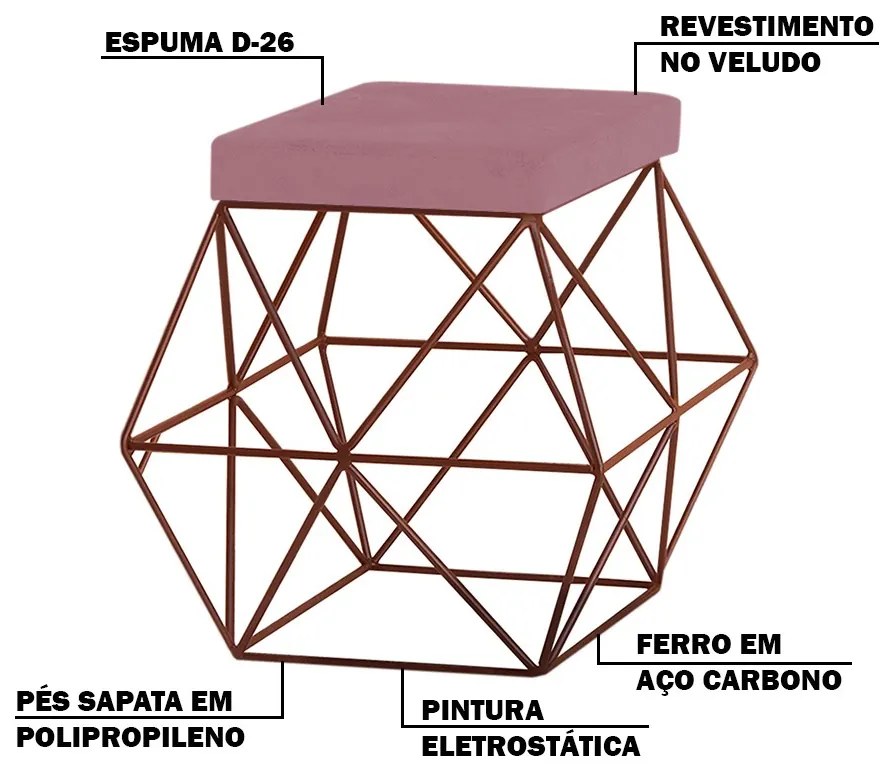 Puff Decorativo Sala de Estar Base Bronze Trixie Veludo Rosê G41 - Gran Belo