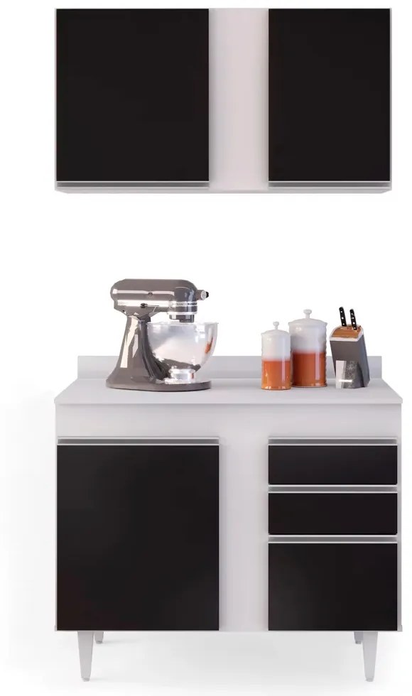 Kit Armário Aéreo e Balcão de Cozinha Lavanderia Aurora com Tampo 100cm L06 - D'Rossi  - Branco e Preto