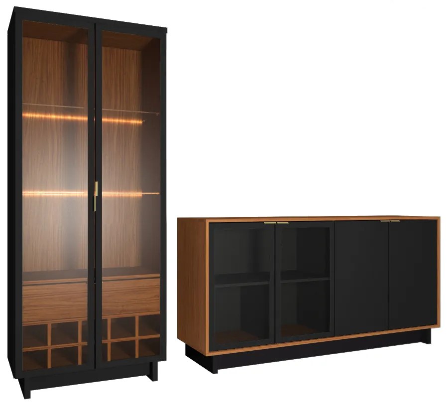 Conjunto Decorativo Cristaleira com Led e Buffet Aparador 160cm Tenerife/Gunga Preto Fosco/Noce G73 - Gran Belo
