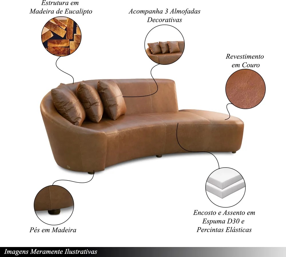 Sofá Sala de Estar Living Design Moderno 270cm com Almofadas Trinity Couro Brilhante Conhaque G93 - Gran Belo