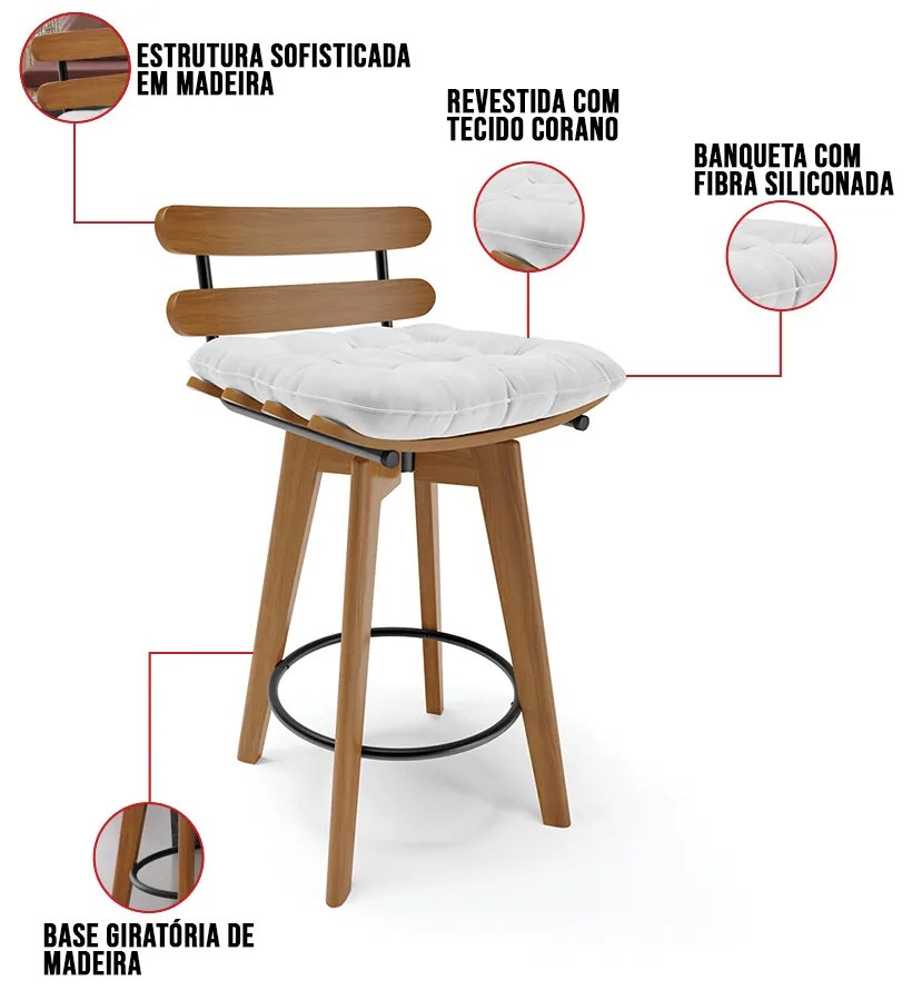 Banqueta Giratória Costela Corano Base Madeira MA70 J01- D'Rossi - Branco