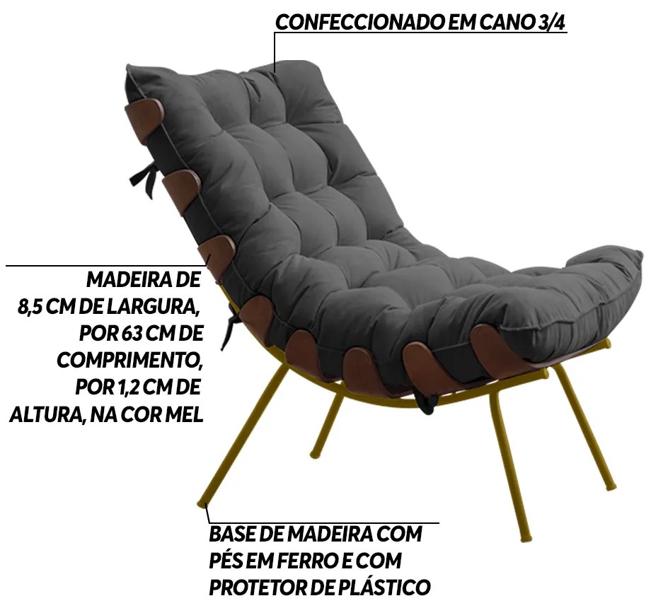 Poltrona Decorativa Sala de Estar Abel Base de Madeira Dourada Suede Cinza G41 - Gran Belo