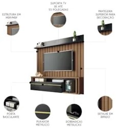 Painel TV 55 Pol 160cm Bancada Suspensa Self Preto/Castanho - HB Móvei
