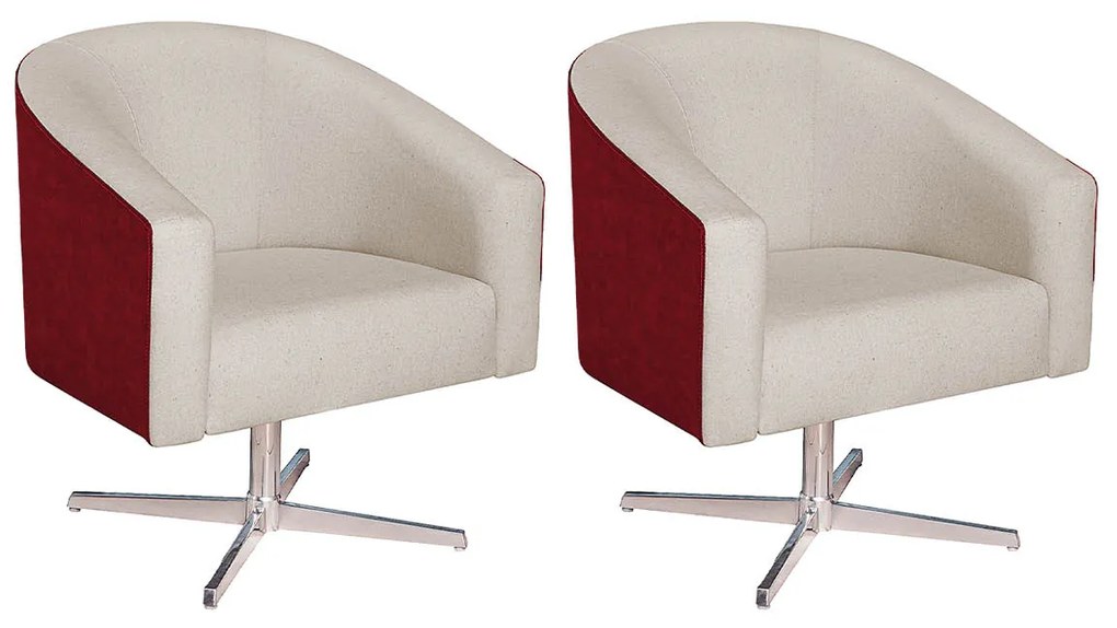 Kit 02 Poltronas Luiza Base Giratória de Metal Factor Vermelho e Linho - ADJ Decor