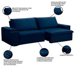 Sofá Retrátil Reclinável 3 Lugares 245cm Baluart F05 Veludo Azul - Mpo