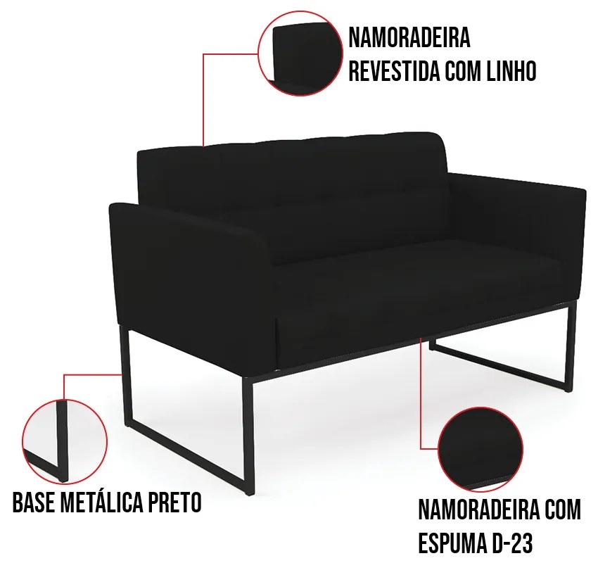 Kit 1 Sofá Namoradeira e 2 Poltronas Elisa Linho Preto A79 Base Metálica Industrial Preto D03 - D'Rossi