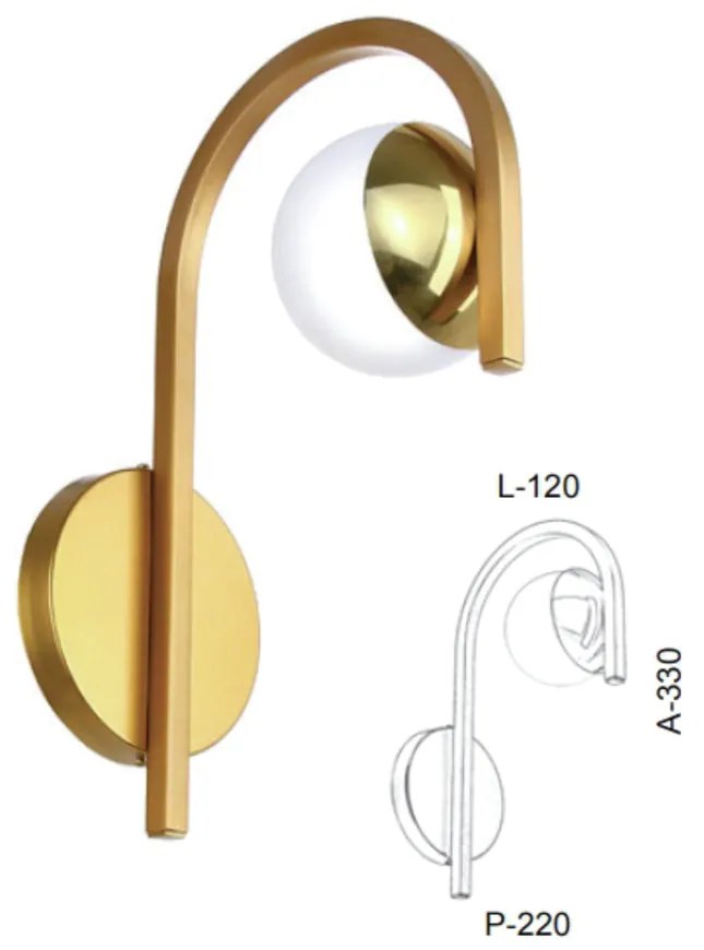 Arandela Curva 22X12X33Cm Metal E Globo Ø10Cm 01Xg9 |Old Artisan Ar-55... (DOURADO FOSCO, FOSCO (BRANCO))