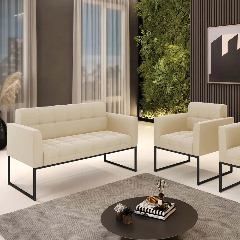 Kit 1 Sofá Namoradeira e 1 Poltrona Elisa Suede Bege Base Metálica Industrial Preto - D'Rossi
