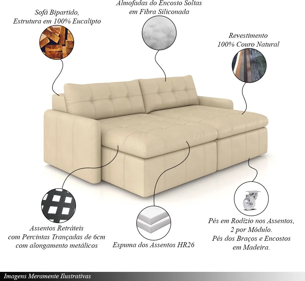 Sofá Retrátil Bipartido Sala de Estar Belém 204cm Couro Bege G52 - Gran Belo