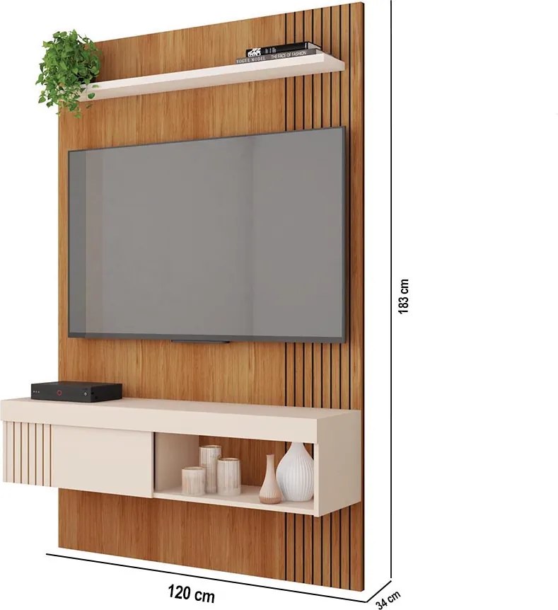 Painel TV 45 Pol 120cm Bancada Suspensa Ripado Luana C01 - D'Rossi - Freijó/Off White