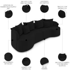 Sofá 3 Lugares 230cm Orgânico Quito Z08 Veludo Preto - Mpozenato
