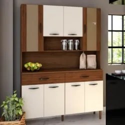 Armário de Cozinha Compacta 121cm Bruna Z06 Nogueira/Off White/Ripado