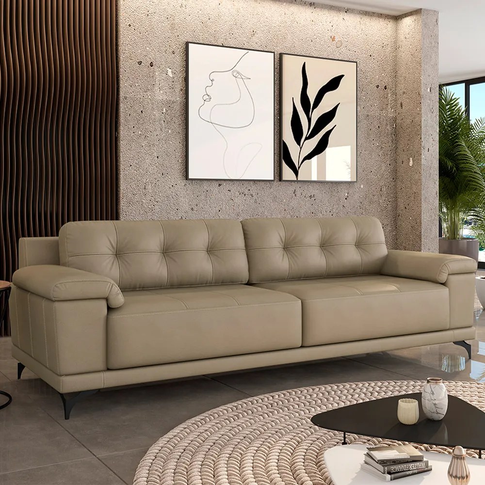 Sofá Living 4 lugares 295cm Agostino Pés Design em Ferro Couro Bege G52 - Gran Belo