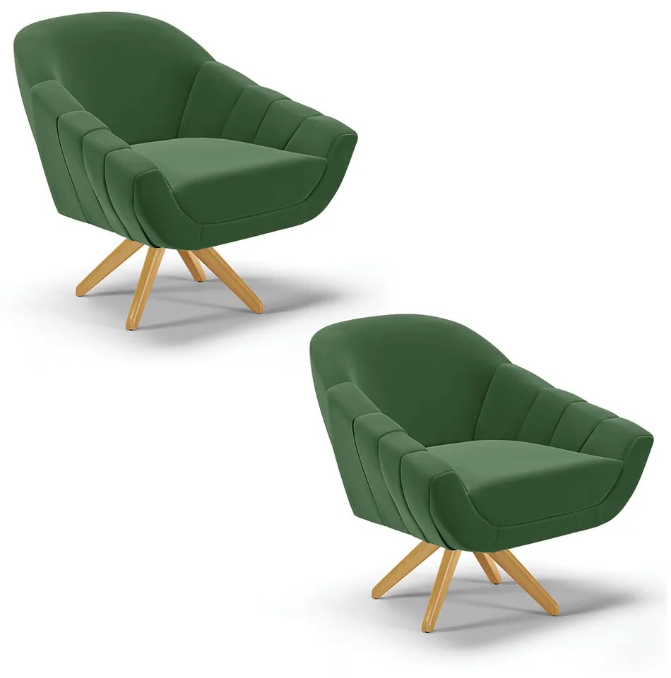 Kit 02 Poltronas Giratória Giovana Suede Base Madeira MA30 - DRossi - Verde