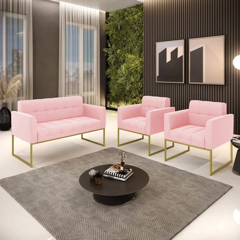 Kit 1 Sofá Namoradeira e 2 Poltronas Elisa Suede Rosa Bebê Base Metálica Industrial Dourado - D'Rossi
