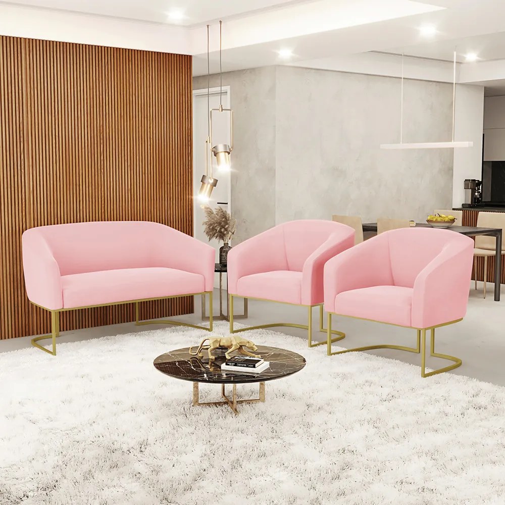 Namoradeira e 2 Poltronas Base Industrial Dourado Stella Suede D03 - D'Rossi - Rosa Bebê