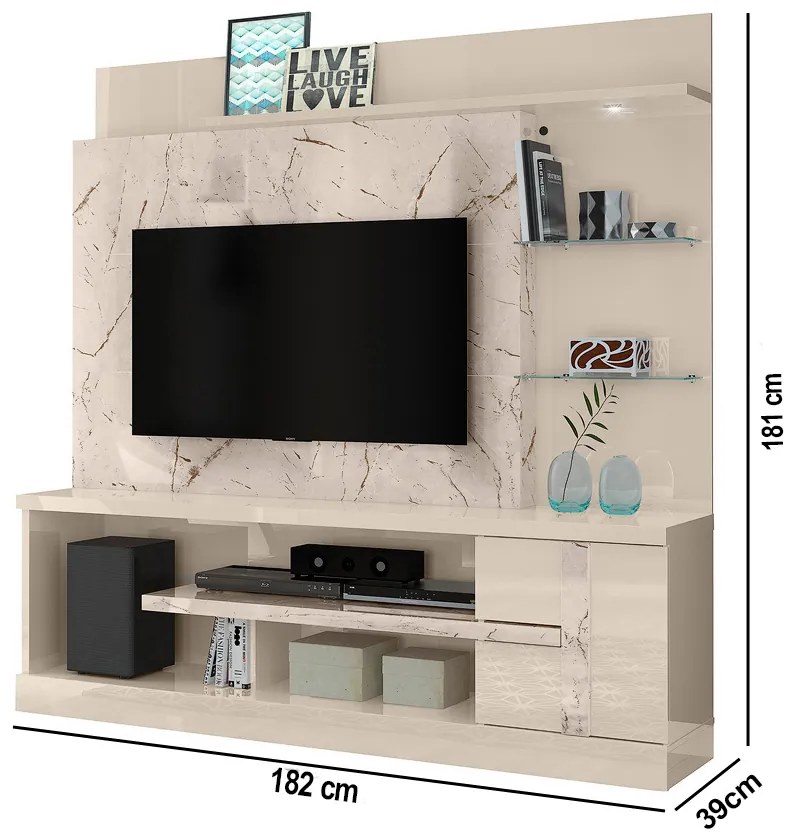 Estante de TV 55 Pol 182cm Sala de Estar Elaris Calacata/Off White M20 - D'Rossi