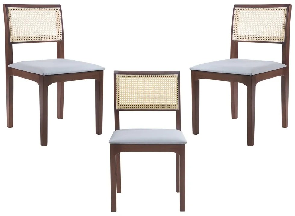 Kit 03 Cadeiras Sala de Jantar Madeira Maciça Nivea Tela Rattan Sextavano Linho Cinza/Amêndoa G55 - Gran Belo