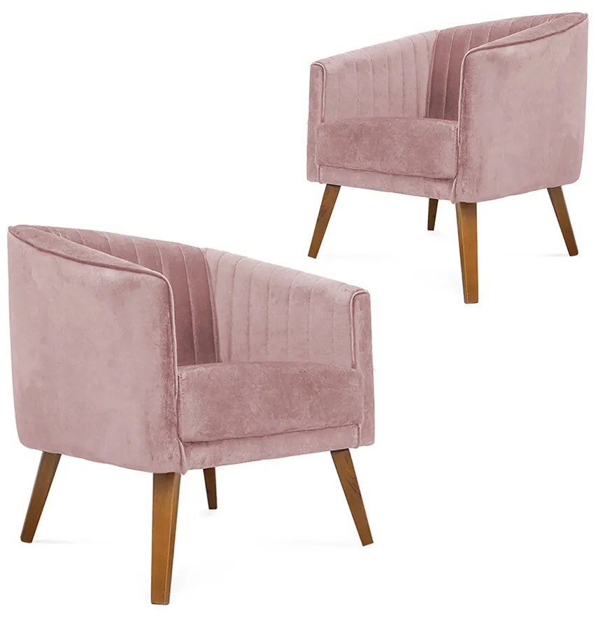 Kit 2 Poltronas Decorativas Dalia Pés de Madeira Veludo Rosa - Sheep Estofados - Rosa