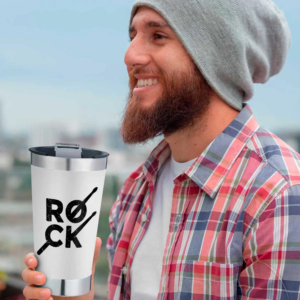 Copo Térmico Rock Baquetas Branco Com Tampa e Abridor Chopp