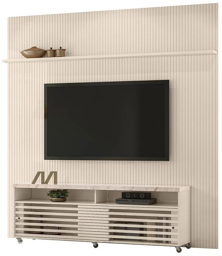 Painel TV 75 Pol 238cm Ripado Kalven com Rack Bancada Nerion Calacata/Off White M20 - D'Rossi